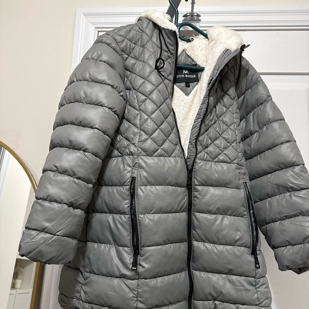 Steve Madden Gray Quilted Puffer Jacket with Sherpa Hood